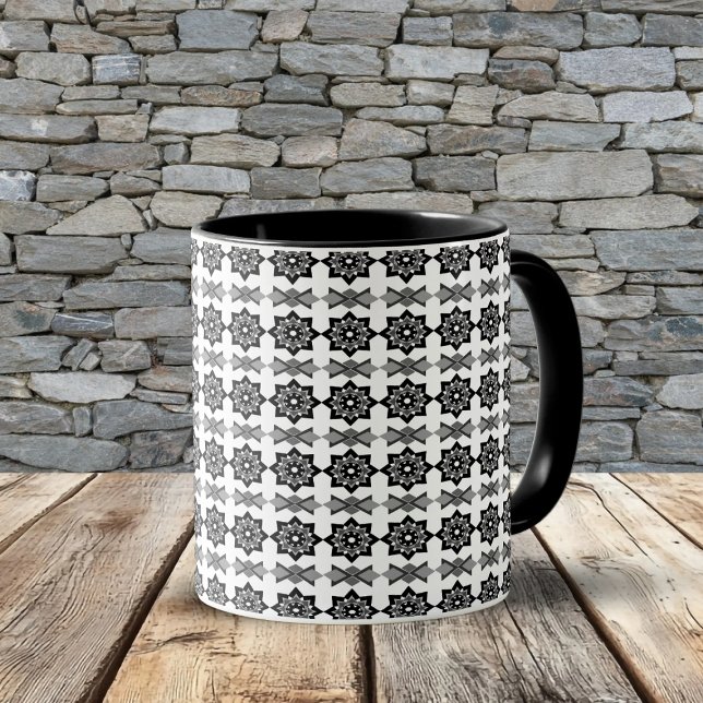 Mug Motif octogonal et diagonal floral à feuilles noir (Créateur téléchargé)