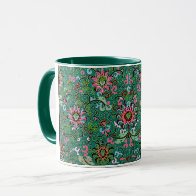 Mug Motif oriental antique motif floral vert rose brun (Devant gauche)
