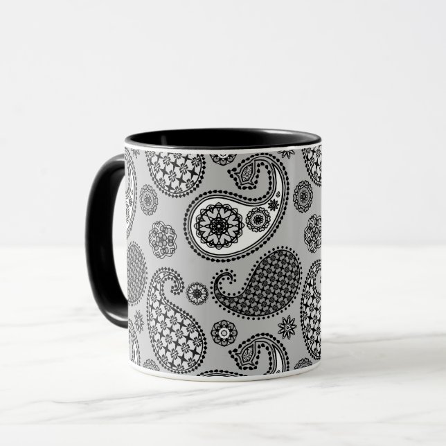 Mug Motif Paisley, tons gris, noir et blanc (Devant gauche)