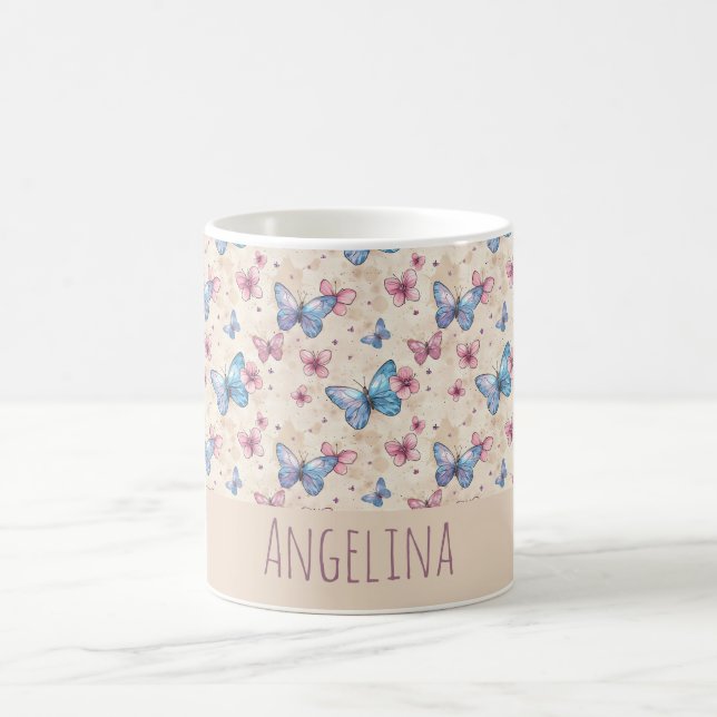 Mug Motif papillon rose bleu aquarelle nom  (Centre)