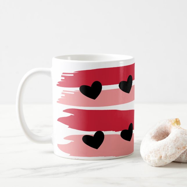 Mug Motif rayures rose rouge Cœurs noirs  (Avec donut)
