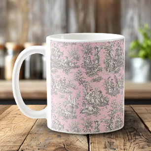 Mug Motif romantique vintage rose gris Toile de Jouy