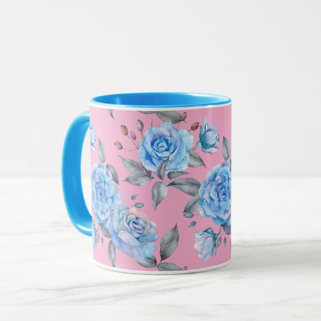 Mug Motif rose pastel bleu, arrière - plan rose, (Devant gauche)