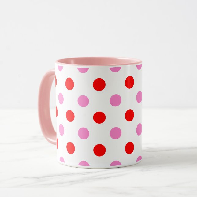 Mug Motif Rouge et Rose sur Fond Blanc à Points  (Devant gauche)