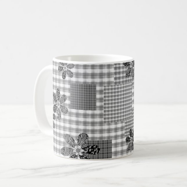 Mug Motif rustique en patchwork noir et blanc rétro (Devant gauche)