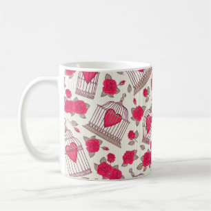 Mug Motif sans couture avec fleurs et cages d'oiseaux.