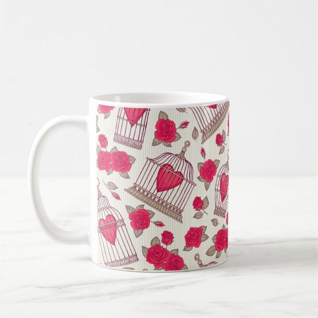 Mug Motif sans couture avec fleurs et cages d'oiseaux. (Gauche)