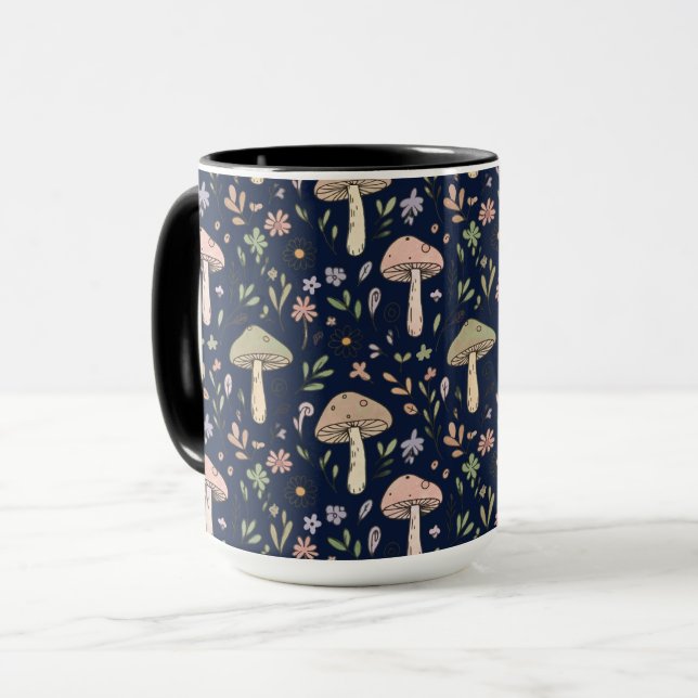Mug Motif sans couture de champignons Navy foncé lunat (Devant gauche)