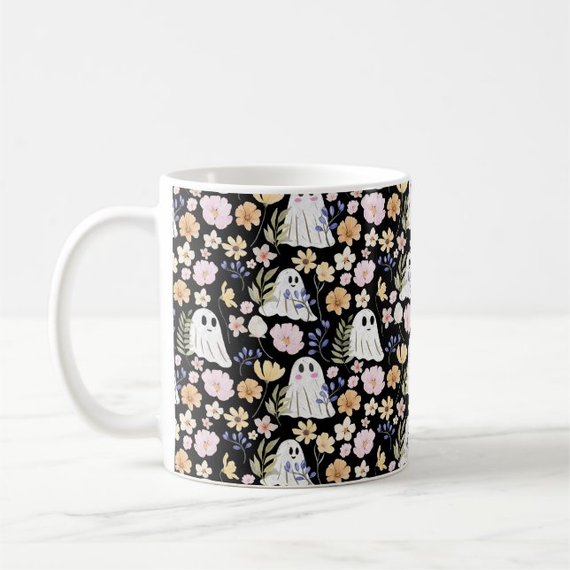 Mug Motif sans couture de fantôme mignon et de fleurs  (Gauche)