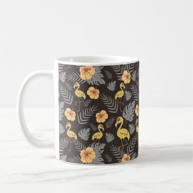Mug motif sans couture Flamant rose avec fleurs et feu (Gauche)