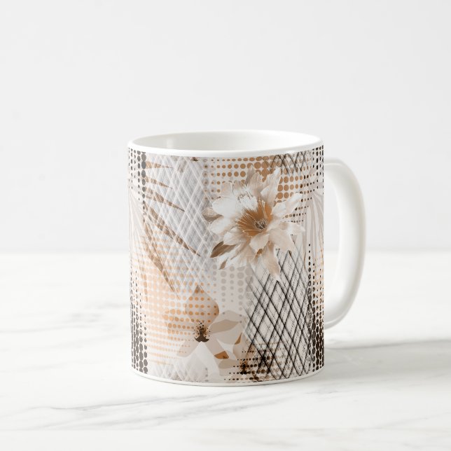 Mug Motif tropical gris beige. (Devant droit)