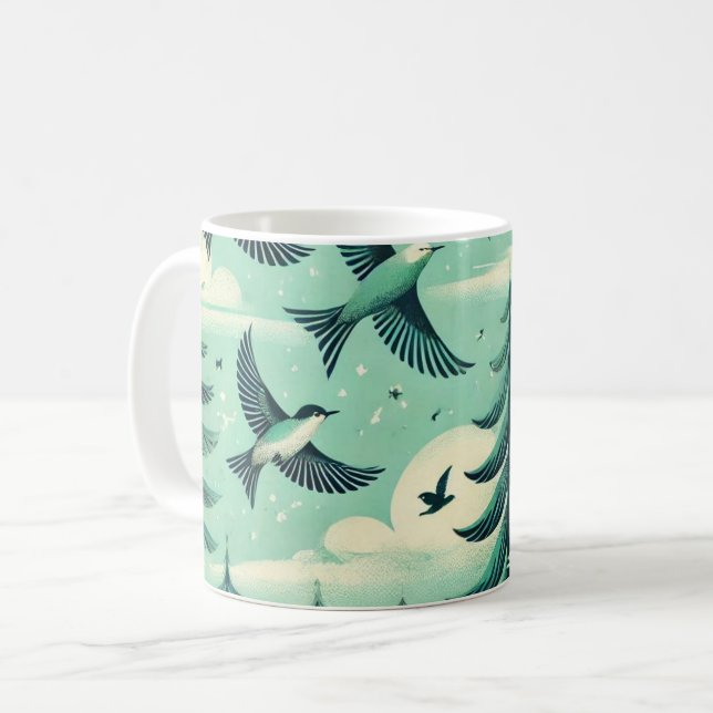 Mug Motif turquoise de la forêt verte et des oiseaux (Devant gauche)