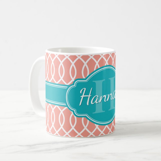 Mug Motif Turquoise Monogramme rose blanc élégant (Devant gauche)