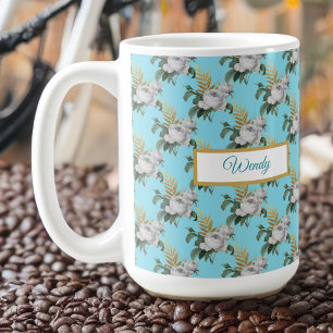 Mug Motif vintage de Roses blanches sur Aqua Monogram