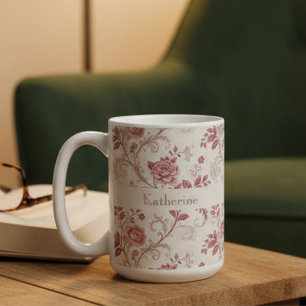 Mug Motif Vintage Toile De Jouy Rose Poussiéreuse Nom