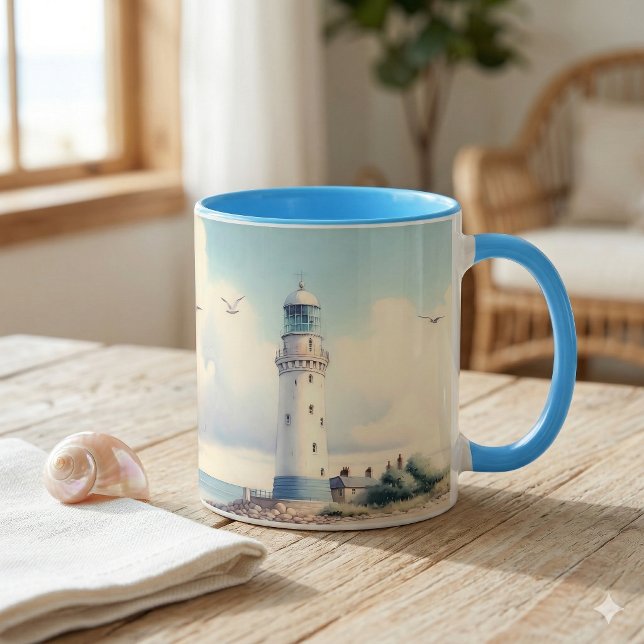 Mug Mouette de phare côtier Sérénité du ciel pastel (Coastal Lighthouse Seagulls Pastel Sky Serenity Mug On Kitchen Counter)