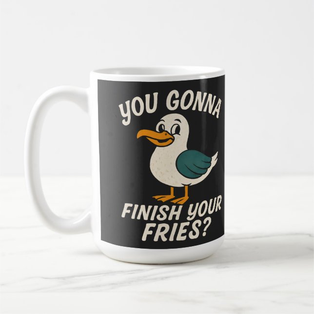 Mug Mouette drôle "Vas-tu finir tes frites?" Plage (Gauche)
