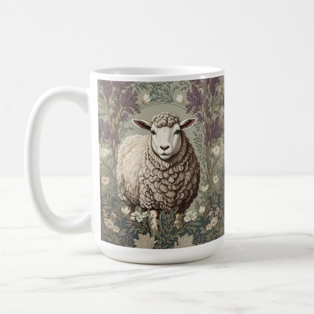 Mug Moutons Élégants Fond de Fleur de Lavande (Gauche)
