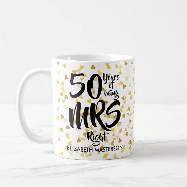 Mug Mrs Right 50e Anniversaire Cœurs de Confettis Doré (Gauche)