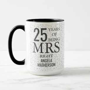 Mug Mrs Right Fun 25e Anniversaire Cœurs Argentés