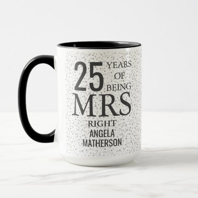 Mug Mrs Right Fun 25e Anniversaire Cœurs Argentés (Gauche)