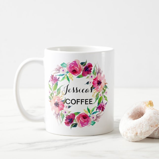 Mug, Mug Nom Personnalisé, Floral-2 (Avec donut)