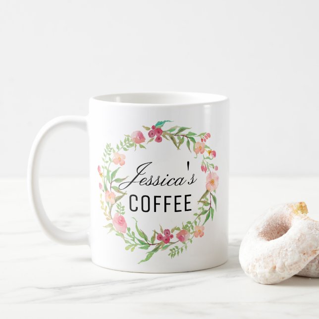 Mug, Mug Nom Personnalisé, Floral-5 (Avec donut)