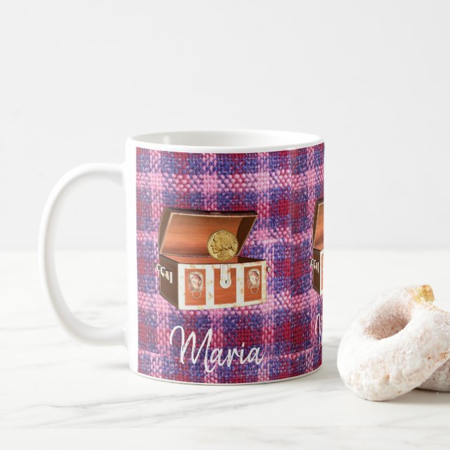 Mug Mugue à carreaux roses pour coffre (Avec donut)