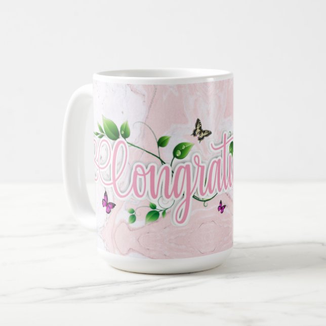 Mug Mugue avec texte Félicitations à fleurs roses (Devant gauche)