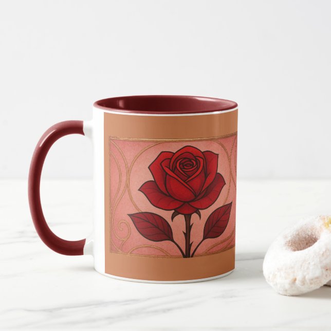 Mug Mugue Combo Rouge Art Déco Rose Marron (Avec donut)