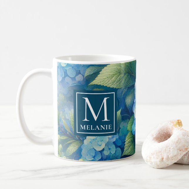 Mug Musique Blue Hydrangea avec monogramme personnalis (Avec donut)