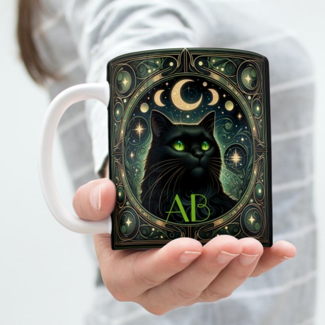 Mug Mystérieux Chat Noir Céleste Art Nouveau Design (Sip your coffee from this mysterious cat mug)