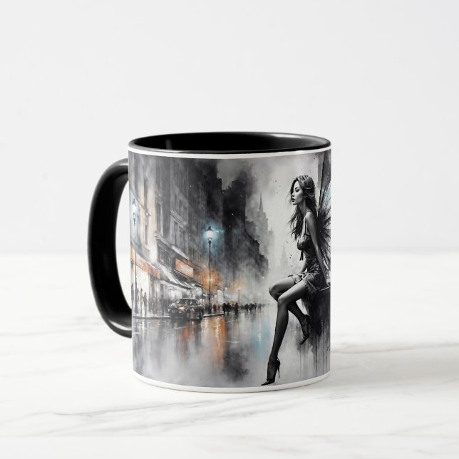 Mug Mystique ailée fille noir et blanc urbain (Devant gauche)