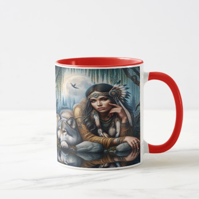 Mug Mystique Une Femme Amérindienne Avec Loups 5x7 (Droite)