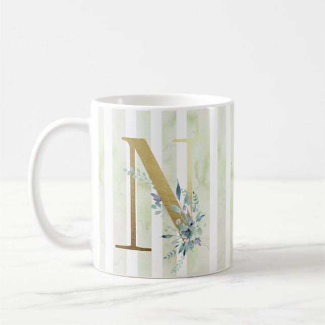 Mug N initial doré sur bandes bleu et blanc (Gauche)