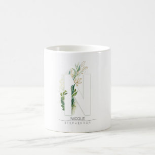 Mug N Monogramme Gold Green Feuilles Nom élégant