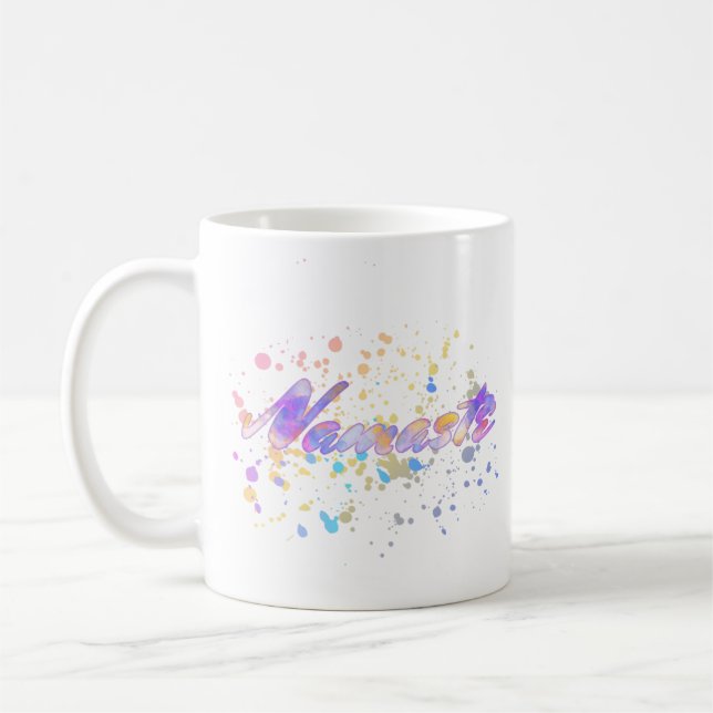 Mug Namaste pour Yoga Aquarelle rose Mauve Jaune Bleu (Gauche)