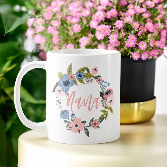Mug Nana Brush Script Floral Wreath & heart Photo (Nana Brush Script Floral Wreath & heart Photo Coffee Mug)