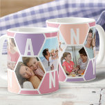 Mug Nanny 5 photo modifiable 5 lettre Honeycomb<br><div class="desc">Canette à café Honeypeb, personnalisée avec 5 de vos photos préférées et imprimée avec un nom de 5 lettres, comme NANNY. Le design comprend un collage photo en nid d'abeille dans une palette de couleur sorbet d'été de rose lilas et pêche. Si vous souhaitez modifier les couleurs, cliquez sur "customiser...</div>