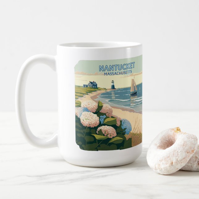 Mug Nantucket Beach Hydrangeas Lighthouse Rétro (Avec donut)