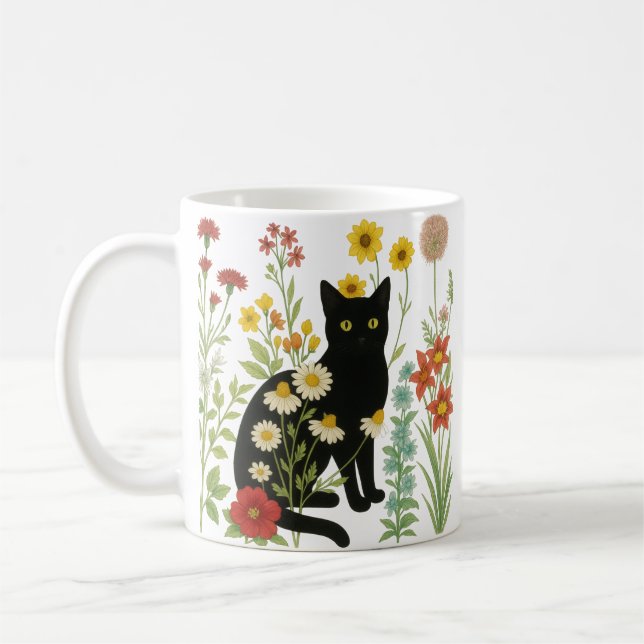 Mug Nature botanique – Chat noir dans un jardin de fle (Gauche)