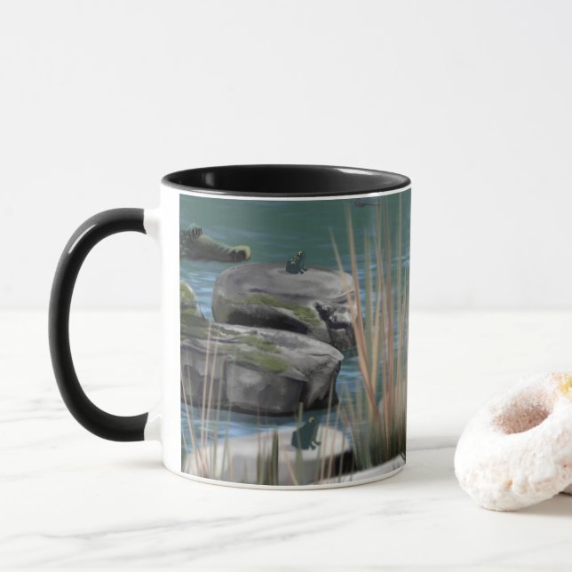 Mug Nature scène avec crocs, rochers et grenouille (Avec donut)