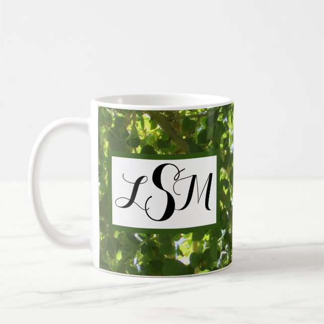 Mug Nature Vert Feuilles photo grand arbre Monogramme (Gauche)