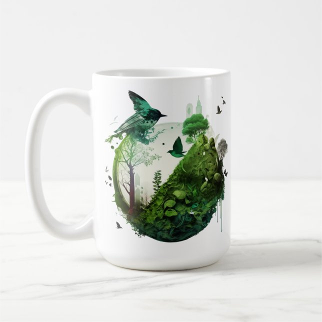 Mug Nature's Symphony Vibrant Green Landscape wth Bird (Gauche)