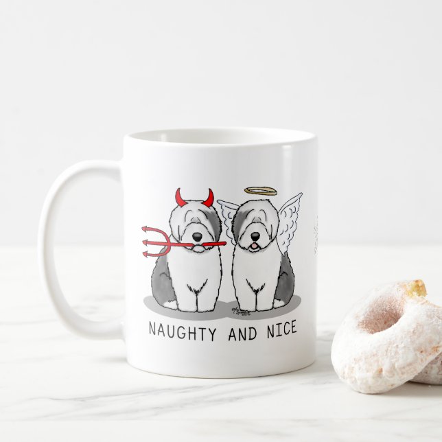 Mug Naughty & Nice Old English Sheepdogs (Grey 1) (Avec donut)