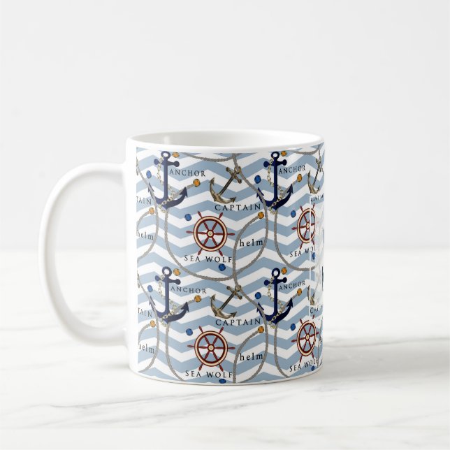 Mug Nautical anchor rudder blue white stripe zigzag (Gauche)