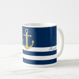 Mug Nautical, Gold Anchor Navy Blue Striped