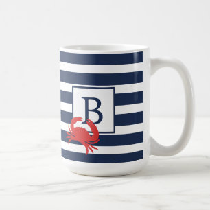 Mug Nautical Navy Blue Stripes Red Crab Monogram Café