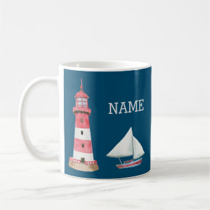 Mug Nautique Phare Nom du bateau à voile Rouge Blanc B