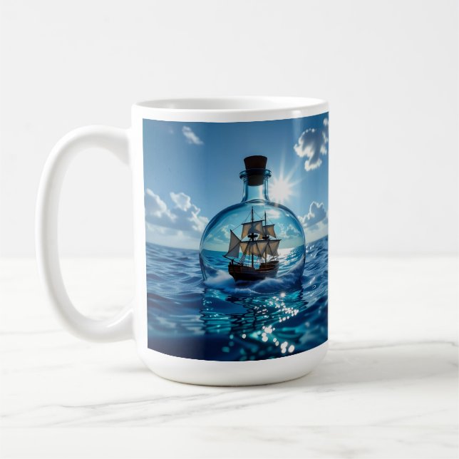 Mug Navire dans une bouteille flottant sur l'océan (Gauche)